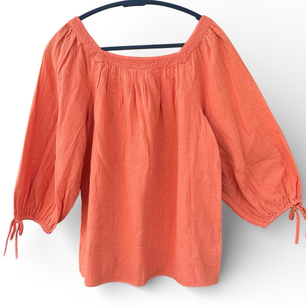 LC Lauren Conrad Orange Square Neck Peasant Top Boho Tunic Puff Sleeve Size S